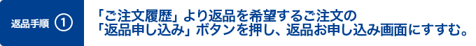 1. 「ご注文履歴」より返品を希望するご注文の「返品」ボタンを押し、返品お申し込み画面にすすむ。